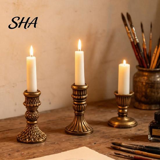 Vintage Relief Texture Candle Holder Taper Holder, Nostalgic Resin Candlestick Decorative French Style Stand for Wedding Party Dinning Table