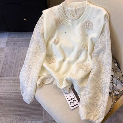 Топ для женщин Зимний Цветочный Вязаный Свитер Жилет Кружево Приталенный Длинный Рукав Нижняя Рубашка Набор из двух предметов