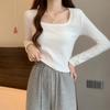 Small Age-reducing Bottoming Shirt Women's Shoulder Square Neck Long-sleeved Shirt Spring Simple Inner Short Top
