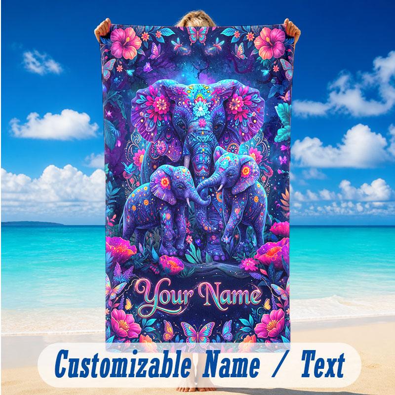 Elephant Theme Beach Towel Personalized Custom Name & Text Soft Quick Dry Beach Towel for Swimming Travel