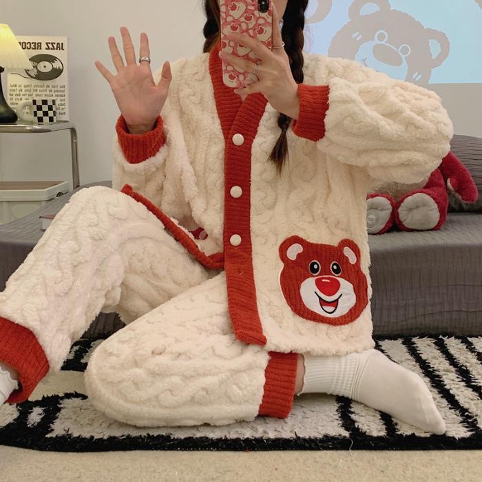 Женская осенне-зимняя жаккардовая пижама из кораллового флиса, милый кардиган с V-образным вырезом, толстая и уютная домашняя одежда
