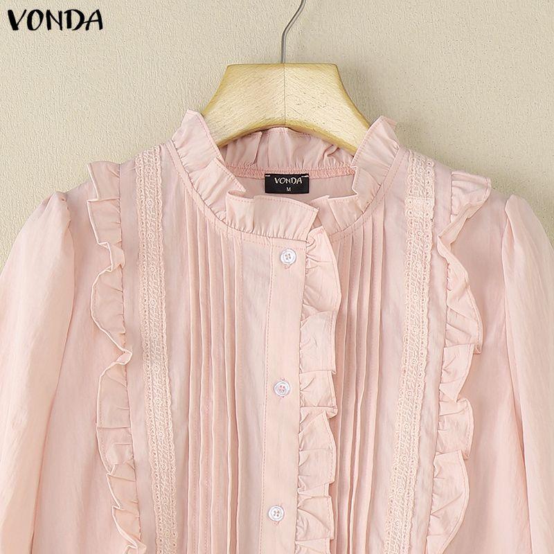 VONDA Women Casual Round Neck Ruffled Lace Hem Loose Long Sleeve Blouse