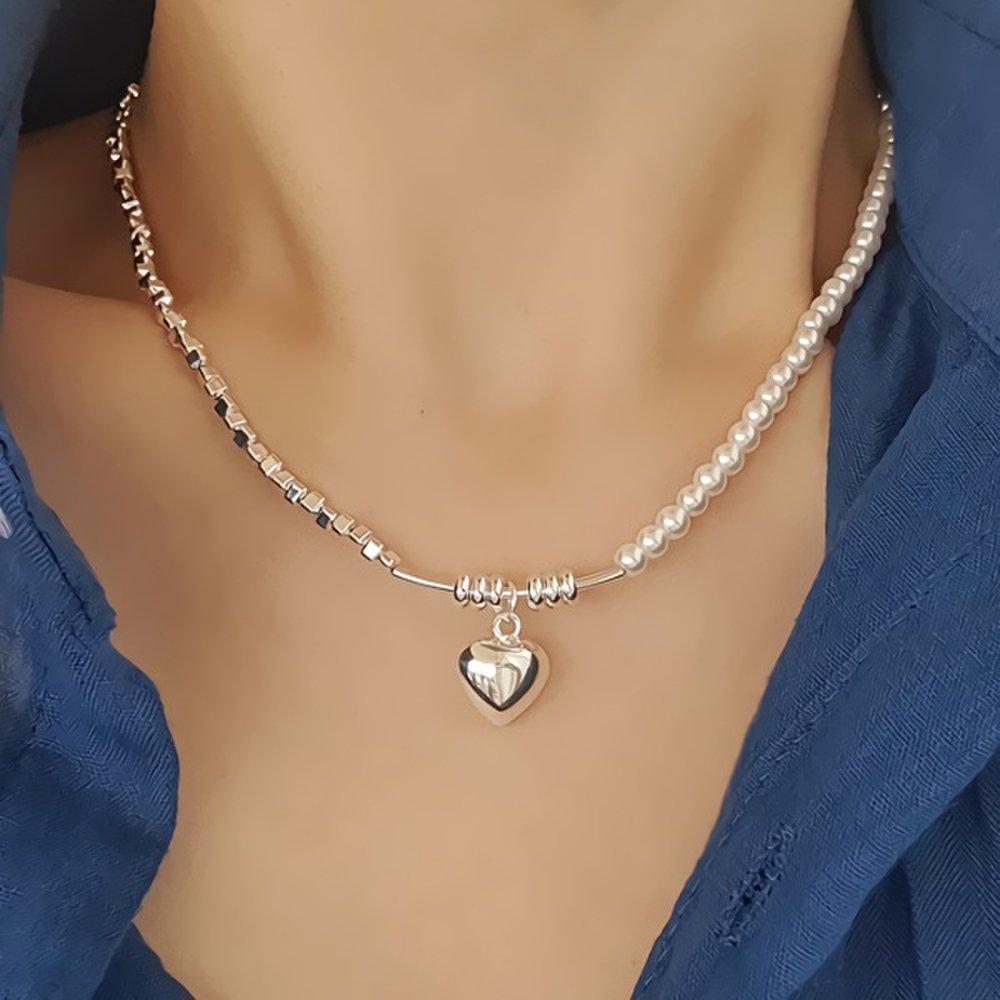 Women's Daily Silver and Pearl Heart Necklace