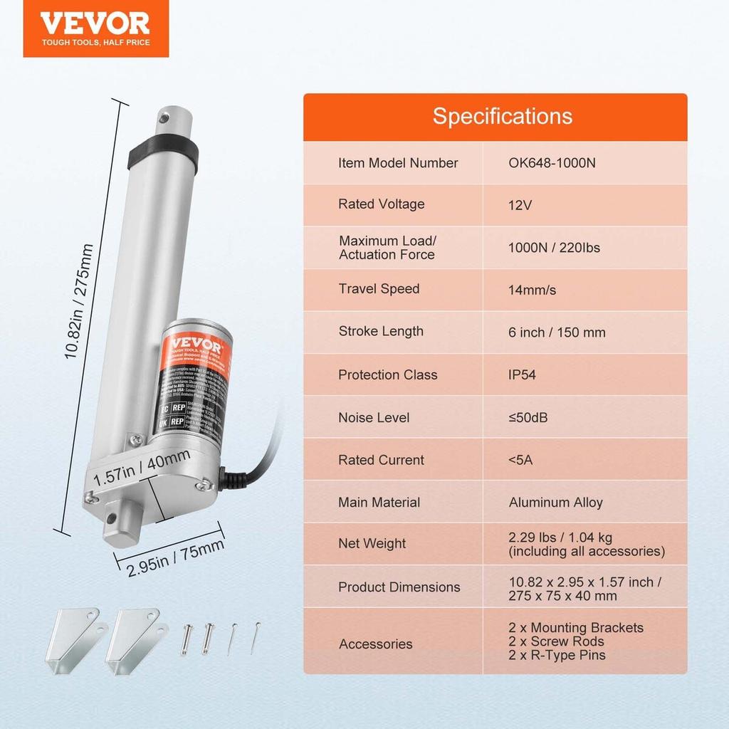 Linear Actuator 12V 6Inch 0.55"/s High Speed 220lbs/1000N IP54 Protection