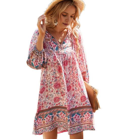 Summer Women Dress Bohemian Style Floral Print V Neck Lace-up Drawstring Long Sleeves Patchwork