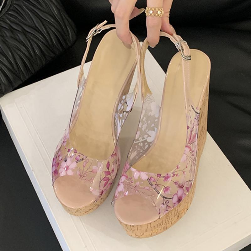 Fashion Liyke Summer Cozy 14.5CM Wood Wedge Sandal Women Fashion Flowers PVC Open Toe Buckle Strap Platform High Heels Party Dress Shoes