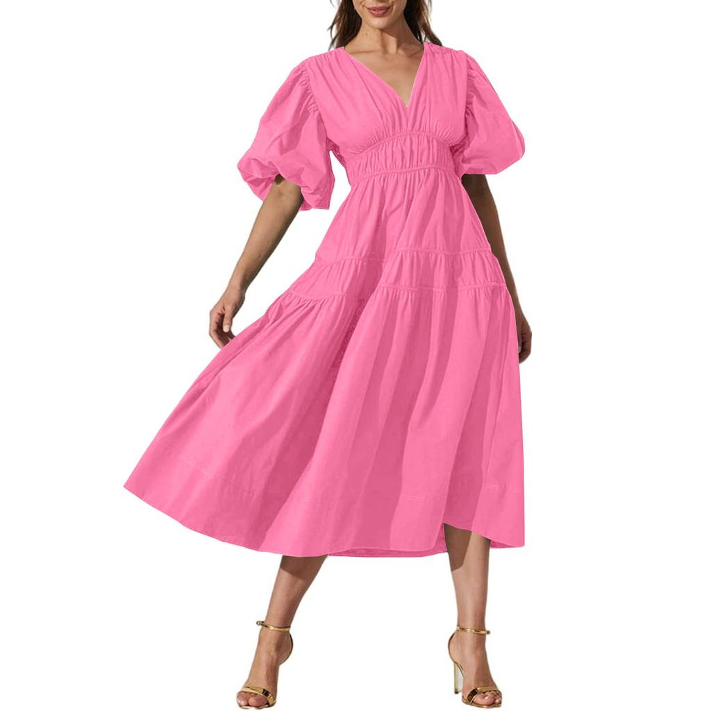 Women's Bohemian Floral Midi Smocked Beach Loose Casual Dress