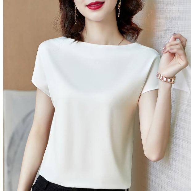 Женская атласная блузка, элитная модная шелковистая футболка с коротким рукавом, повседневные топы