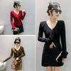 V-Neck Heart Rhinestone Ruffle Mesh Top - 2023 Winter Slimming Long-Sleeve Fashionable Innerwear
