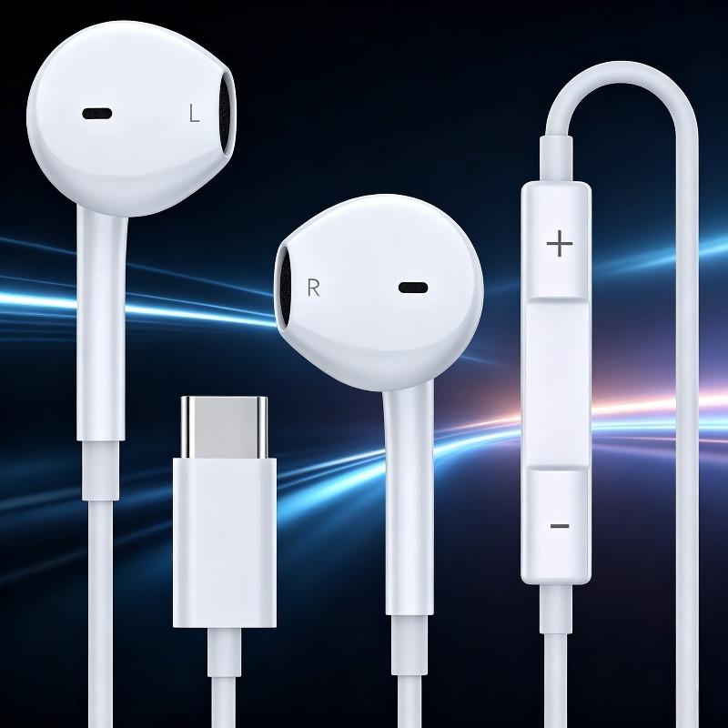 USB C Наушники для iPhone 17 16 15 Проводные Type C Наушники Встроенный Микрофон Регулировка Громкости HiFi Стерео Звук Наушники