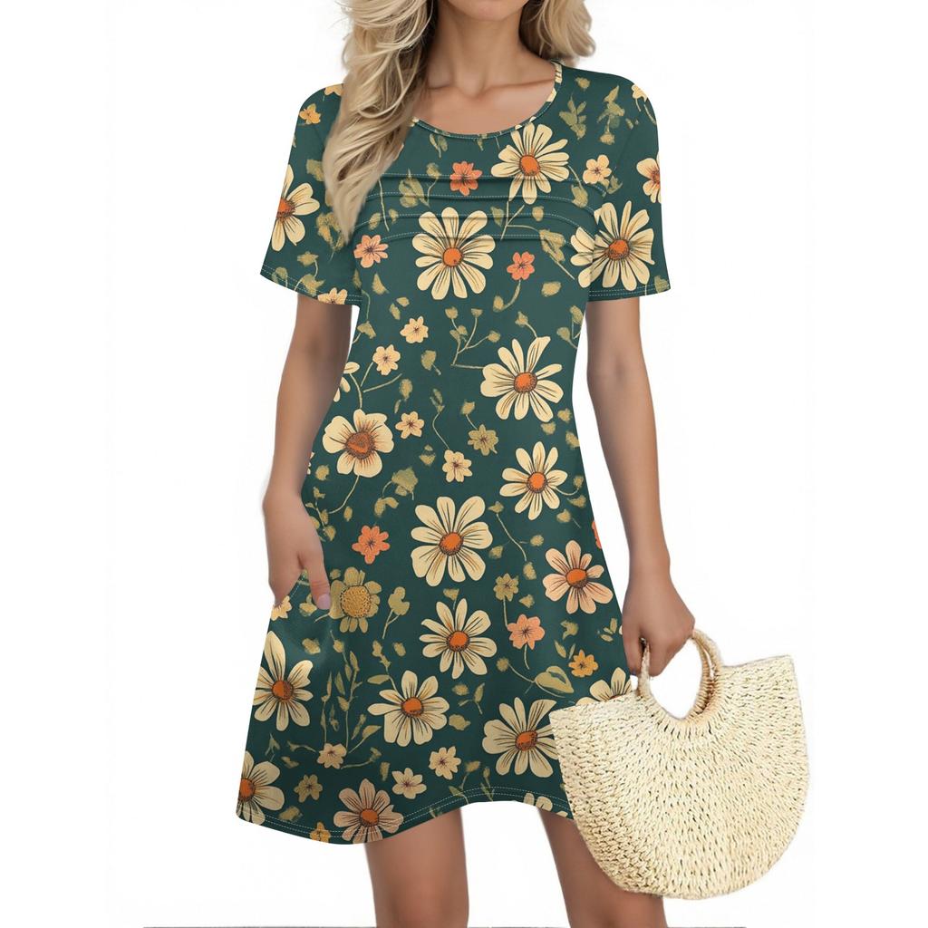Женские летние платья Женские летние платья с цветочным принтом Повседневные платья с коротким рукавом и круглыми карманами