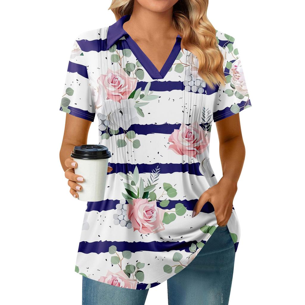 Женские футболки с коротким рукавом, плиссированные, с V-образным вырезом, с принтом, с воротником, летние топы, модные, деловые, повседневные, рабочие
