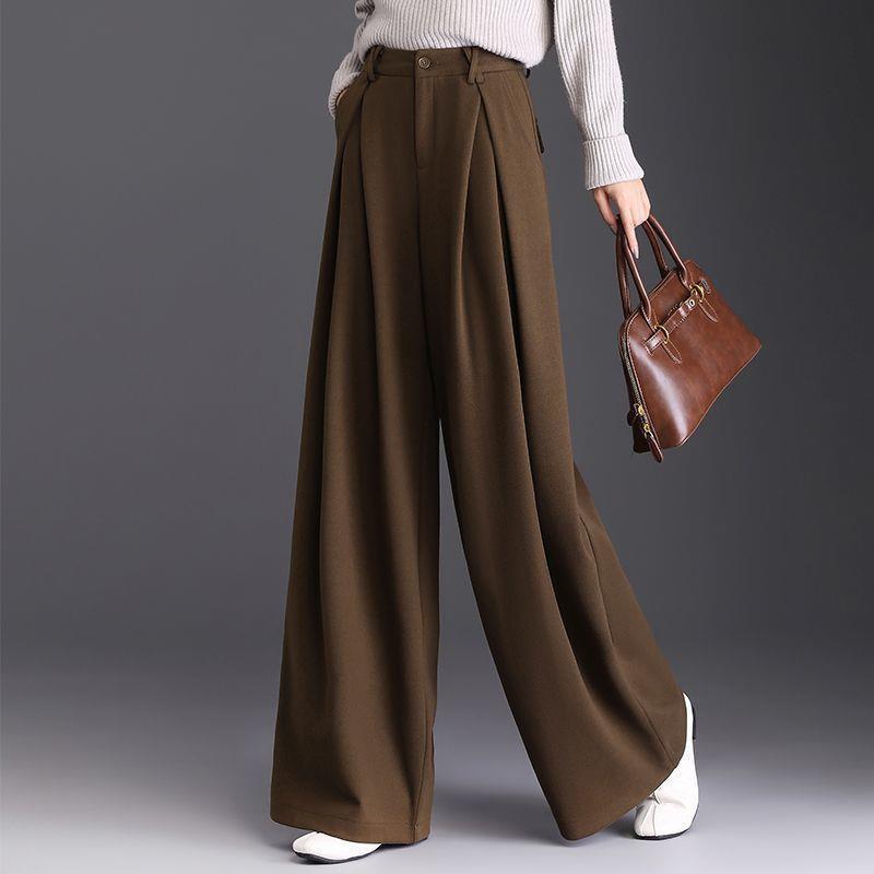 Women's High-Waist Woolen Wide-Leg Winter Pants with Pockets – Slimming, Non-Iron, Casual, Thickened Design for Mothers