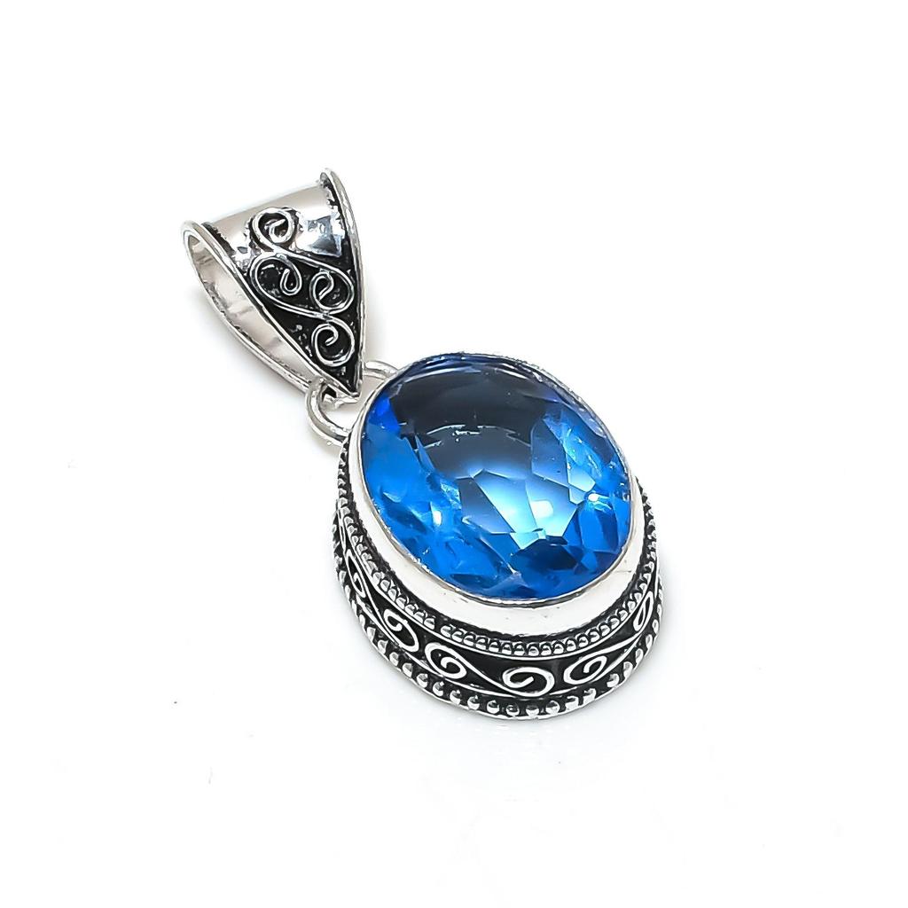 London Blue Topaz Gemstone Silver Pendant In 925 Sterling Silver - Handmade Oval Design, Everyday Wear Jewelry Mother' Day Gift