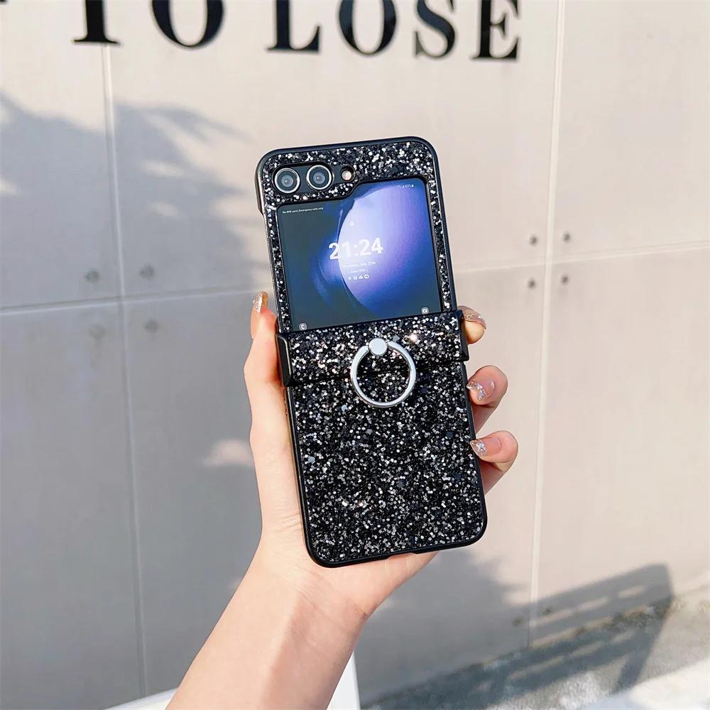 Чехол для телефона с кольцом, бриллиантовой сверкающей пудрой для Samsung Galaxy Z Flip 6 5 4 3 Flip6 Flip5 Flip4 Flip3, защитная противоударная крышка