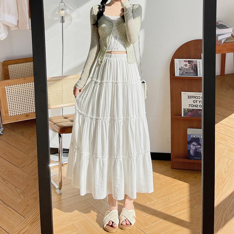 White Summer Clothing High Waist Long A-Line Pleated Skirts Cake Dress Tutu Puffy Skirt Streetwwear Sweat Girls