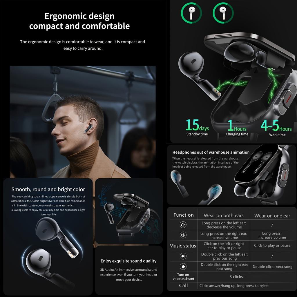 2,01-дюймовые HD-умные часы с беспроводными наушниками TWS 5.3, спортивным и фитнес-трекером, оповещениями о погоде, календарем, дыхательными упражнениями — для iPhone и Android