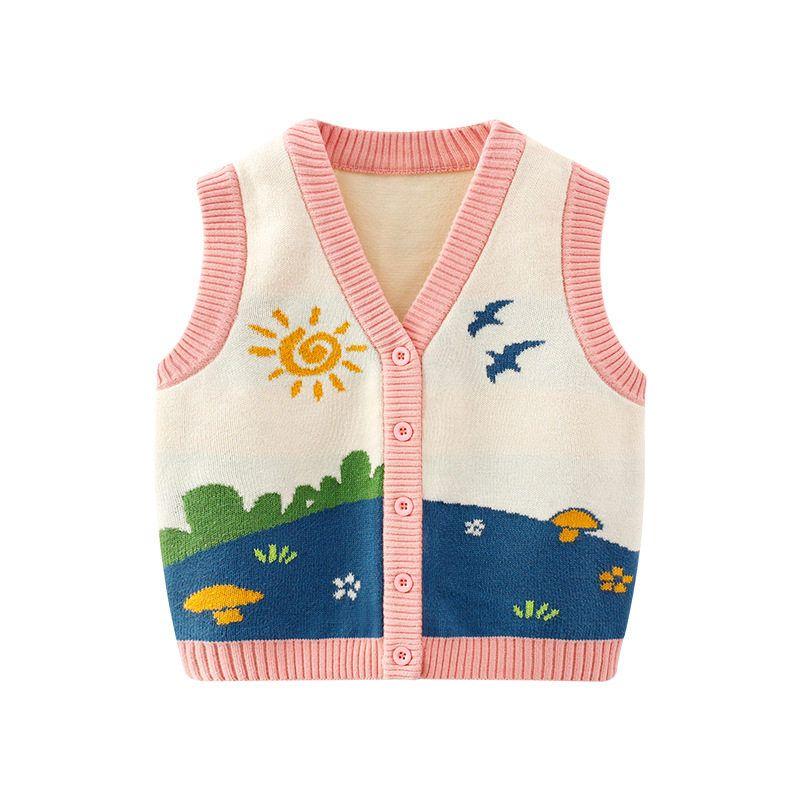 Children's Clothing Boys and Girls Pastoral Style Knitwear Baby Vest Vest Cardigan Spring and Autumn Cartoon Children's Vest Sweater