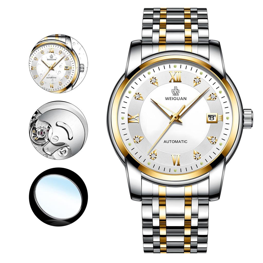 TeamSky Механические Автоматические Ручные Нержавеющие Большие День Подарок Серебристый Браслет Часы, Мужские Часы, Механические, Стальные, Водонепроницаемые, Часы, Стальные, Люминесцентные,