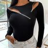 Women Strapless Slim Long Sleeve O Neck Zipper Blouse Top T-Shirt