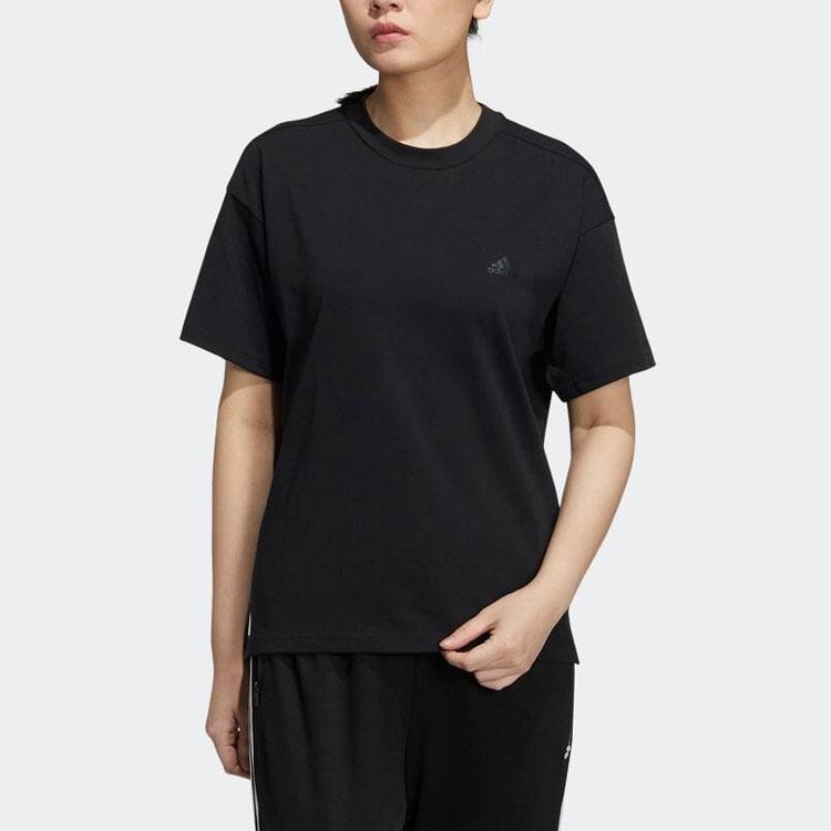 adidas SS22 Однотонная футболка с круглым вырезом и логотипом, повседневная, с коротким рукавом, женские топы, черный цвет HC2547