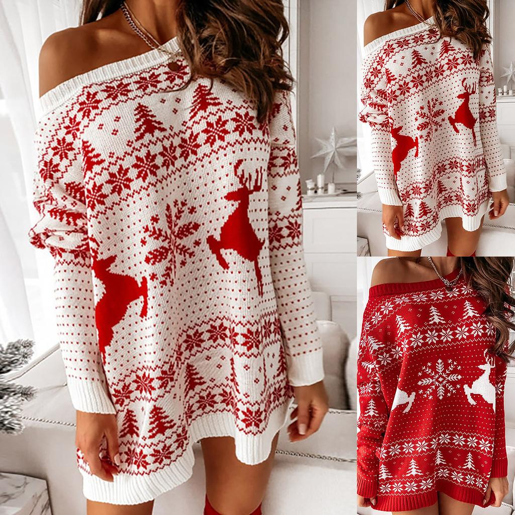 Women's /Winter Knitted Sweater Christmas Print Loose Long Sleeve Dress