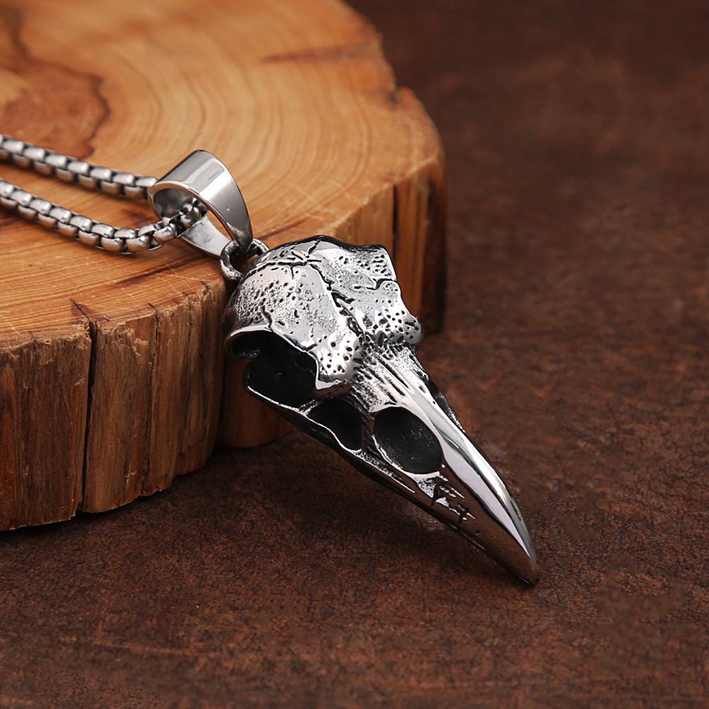 Punk Vintage Viking Crow Head Bird Skull Pendant For Men Stainless Steel Animal Chain Necklaces Fashion Jewelry Gifts