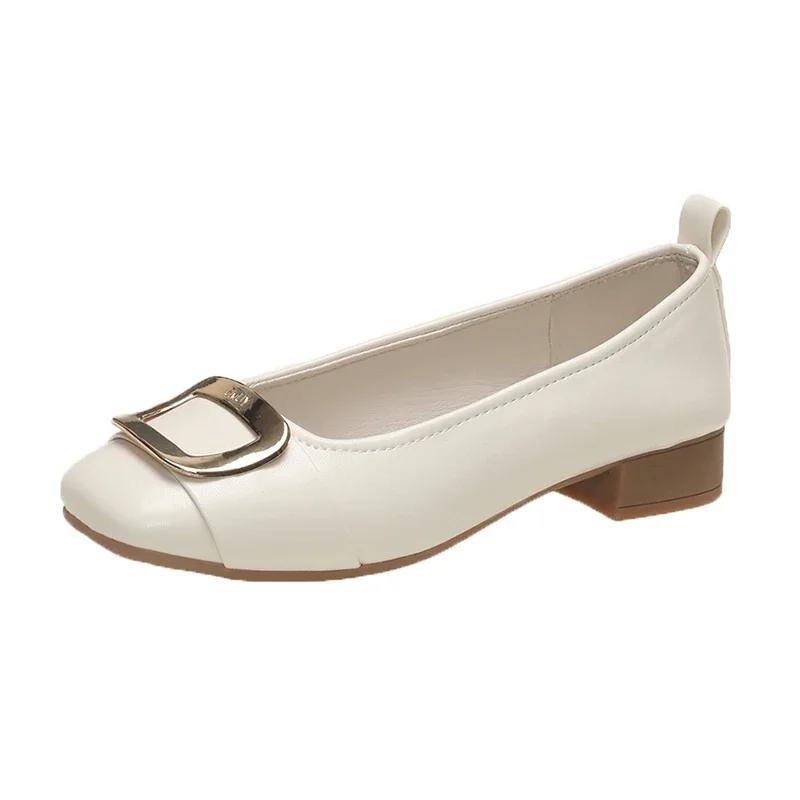 2024 Весна и осень Новые женские балетки с квадратным носком на среднем каблуке с квадратным носком и мелкой пряжкой Повседневные туфли Женские лоферы без застежек