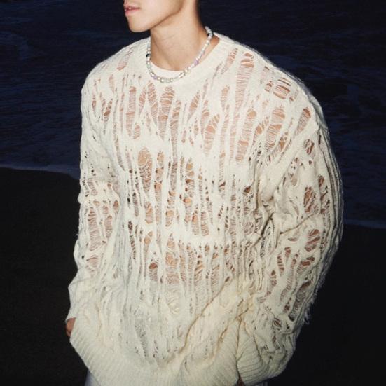 Men Tops Crew Neck Long Sleeve Knitted T-Shirt Men Clothing Retro Hollow-Out Mesh Knit Tops Spring Streetwear