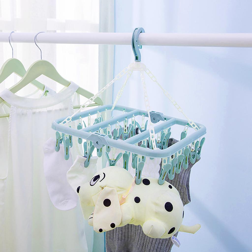 Laundry Hanger with 32 Clips Foldable Laundry Clothespin Drying Rack for Socks Underwear Bras ScarfBlue