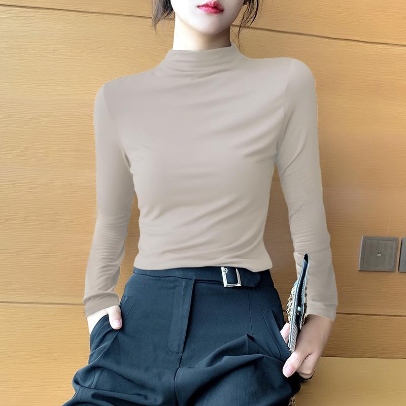 Autumn and Winter Elegant Half-high Collar Modal Base Shirt Women's Autumn Fleece-lined Women's Slim-fit Long-sleeved High Collar Inner Top