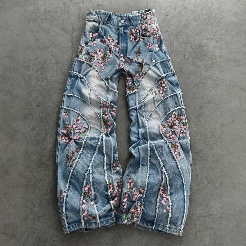 Vintage Streetwear American Raw Edge Cherry Blossom Embroidered Jeans Y2K Loose Straight Leg Pants Women
