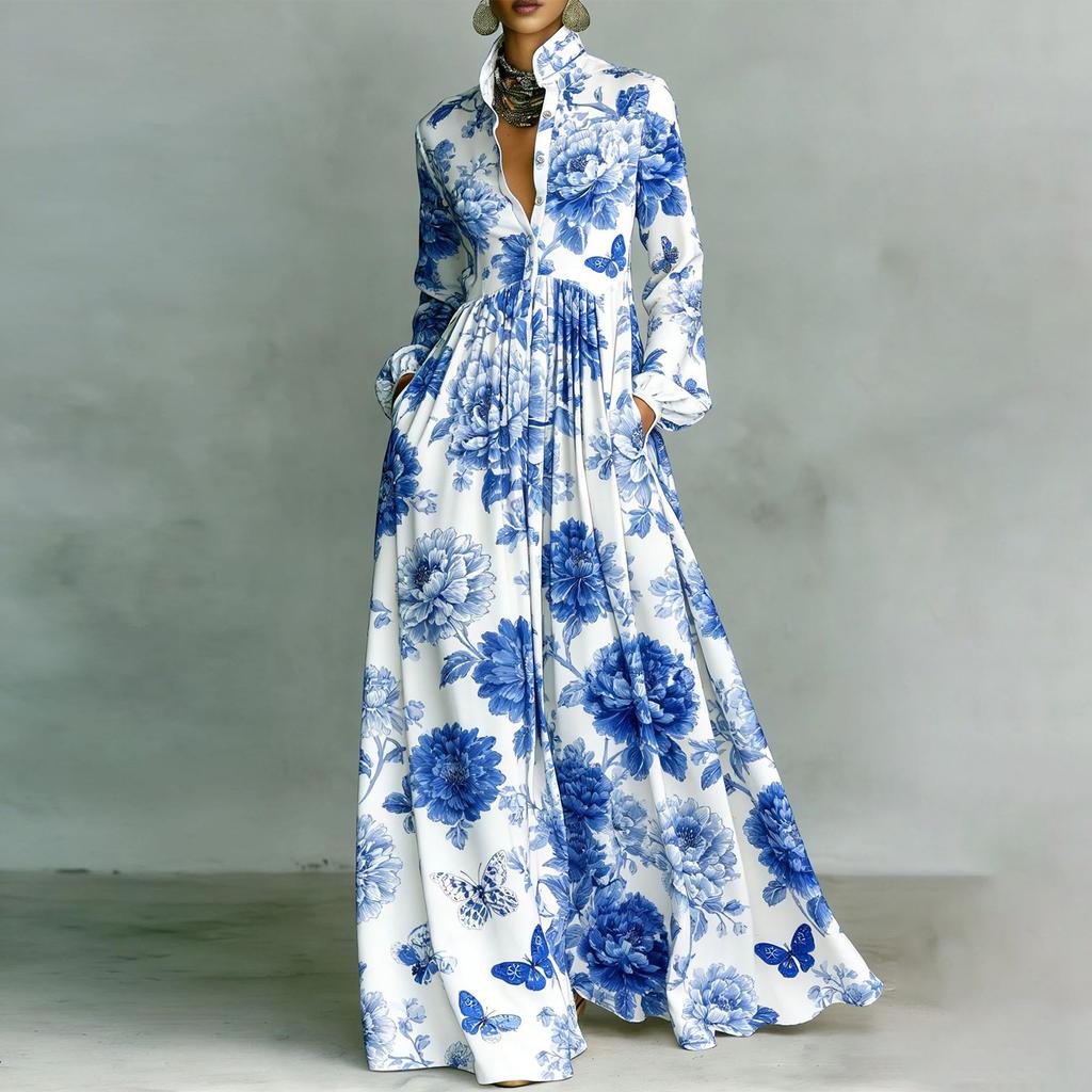 Women's Fashionable Stand Up Collar Long Sleeved Floral Print Waist Slimming Retro Casual Vacation Dress