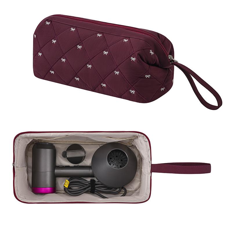 Women Hair Dryer Storage Bag For Travel Cute Bow Embroidery Quilted Hair Tools Waterproof Zipper Cosmetic Bags