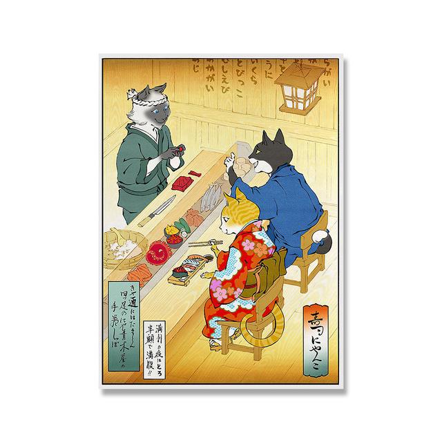 Самурайский кот Ламианская лапша Суши Принт плаката Забавный японский плакат Кошачий ресторан