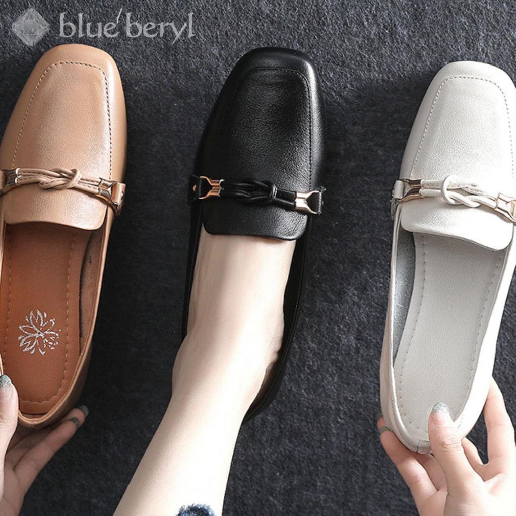 Blue Beryl Genuine Leather Loafers with Chunky 3cm and Square Women's Heels, Heels, Toes, Black, BB006-BK235