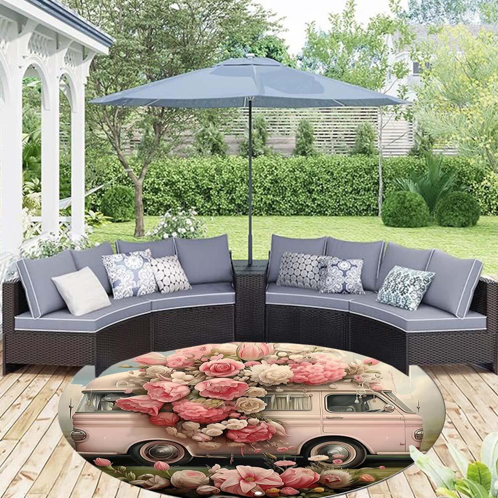 1 Piece Retro Flower Car Outdoor Round Carpet Floor Mat Doorway Decorative Carpet Outdoor Patio Camping Carpet Living Room Bathroom Bedroom Decorative