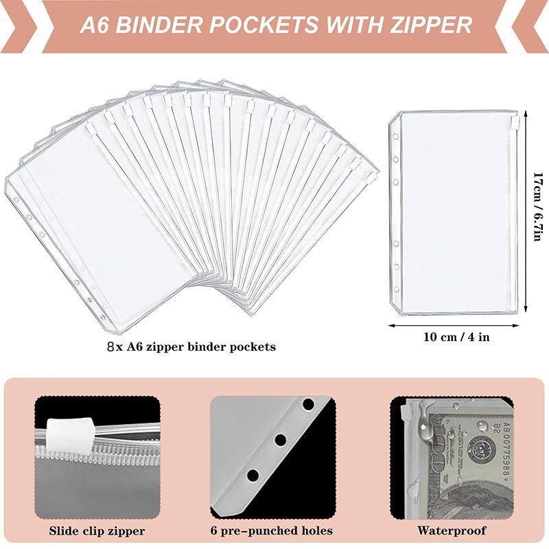 Soft PU Leather Notebook Binder Budget Planner Binder Cover with Binder Pocket Cash Envelopes Travel A6 Loose-leaf Bill Buget Sheets