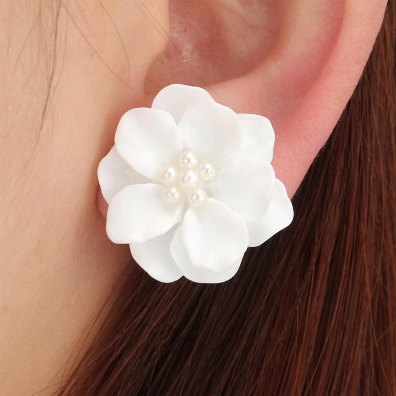 1 Pair Big Orange Pink White Yellow Camellia Flower Earrings for Women Elegant Gift Ear Studs Jewelry Durable and Useful