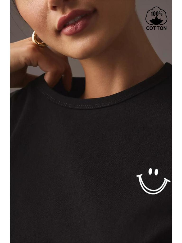 Женская футболка из чистого хлопка с принтом смайлика, с коротким рукавом и круглым вырезом - Европейский и американский стиль