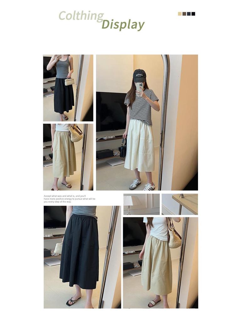 Cream A-line Midi Skirt: Spring/Summer, Chinese Style, Elastic High Waist