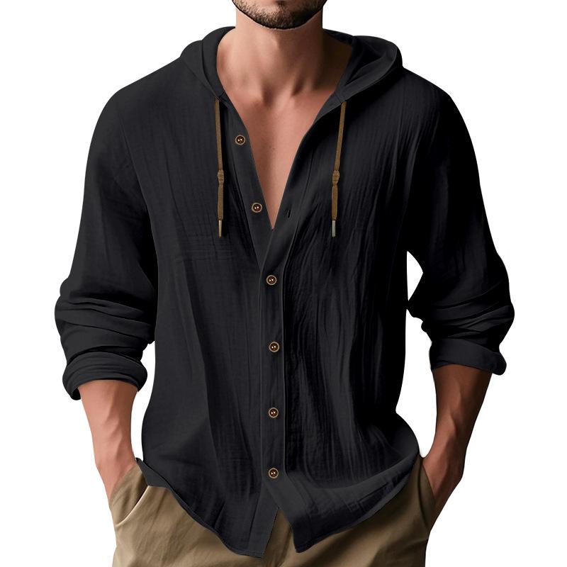 Men's Linen Blend Hooded Button Down Shirt Casual Long Sleeve
