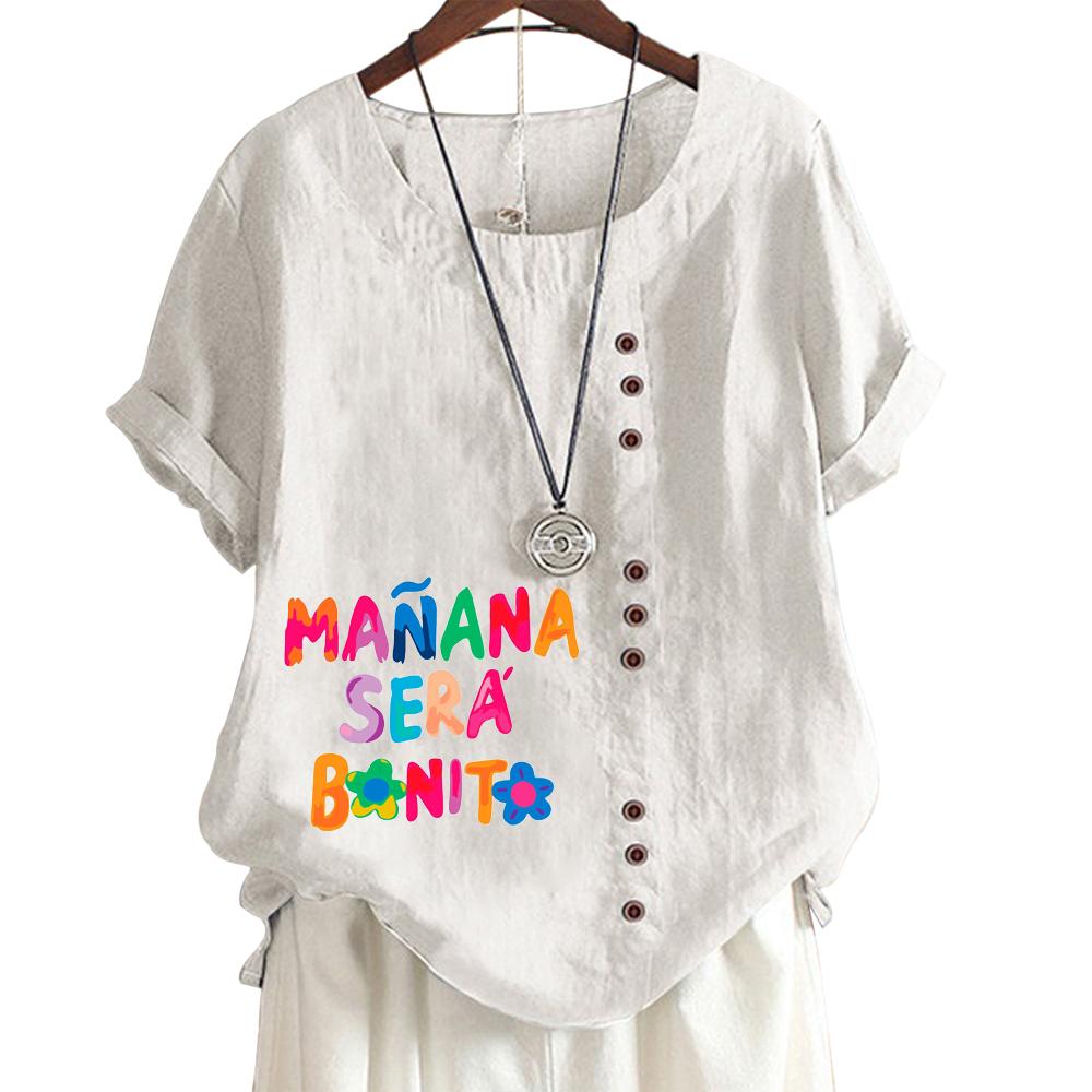 Women's Cotton Linen Casual Tee with Round Neck and Short Sleeves - Printed Design