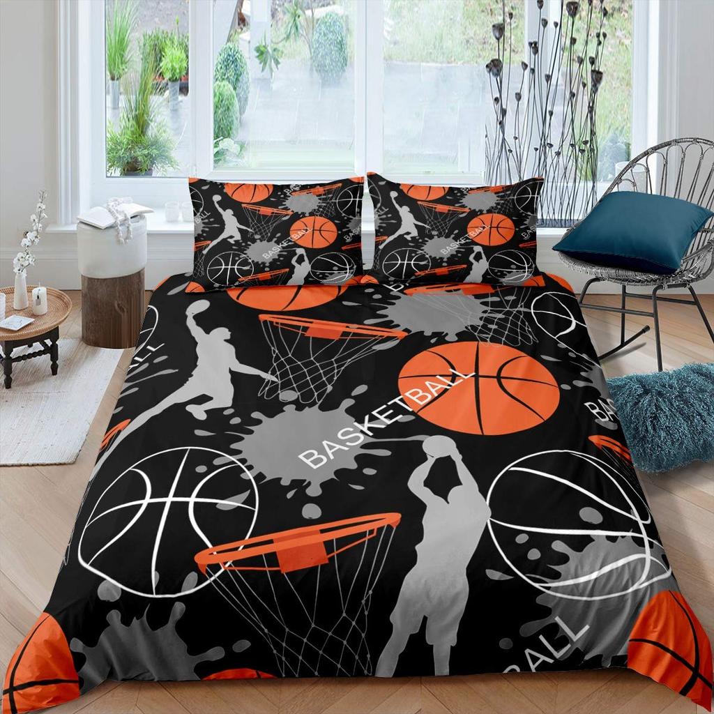 Basketball Duvet Cover Set Queen,Sports Gaming Comforter Cover For Boys Girls,Black Graffiti Bedding Set Sports Bedspread Cover