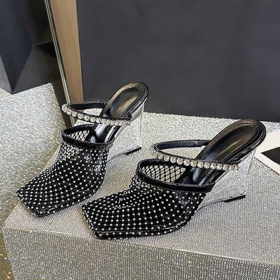 Мода Liyke Новые Летние Женские Сандалии Стразы Сетка Высокие Каблуки Обувь Элегантный Квадратный Носок Прозрачные Клинья Обувь Туфли Лодочки Шлепанцы