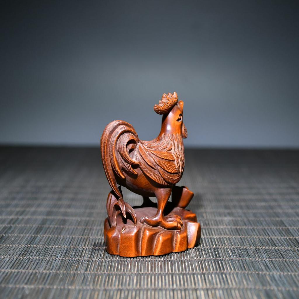 Chinese Antique Boxwood Wood Carving Exquisite Rooster Statue Collection Art