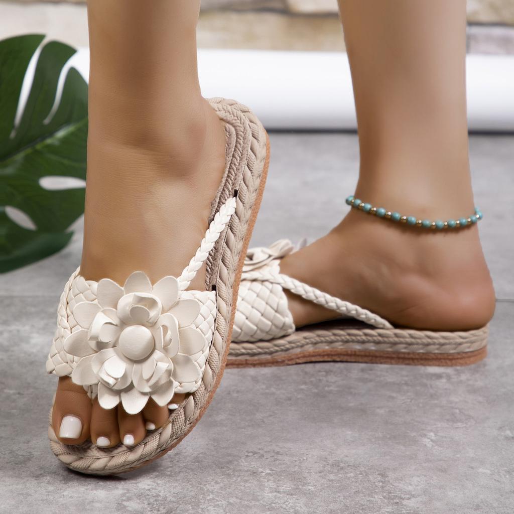 Fashion Summer Floral Braided Flat Slippers Classics Solid PU Leather Women Non Slip Flip Flops Soft Comfortable Beach Sandals Femme