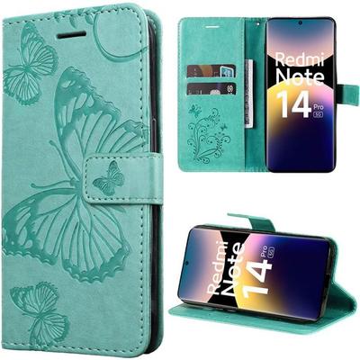 Защитный чехол - E.F.CONNECTION - Для Xiaomi Redmi Note 14 Pro 5G - Защита от царапин - Узор бабочки - Зеленый ПУ-кожа