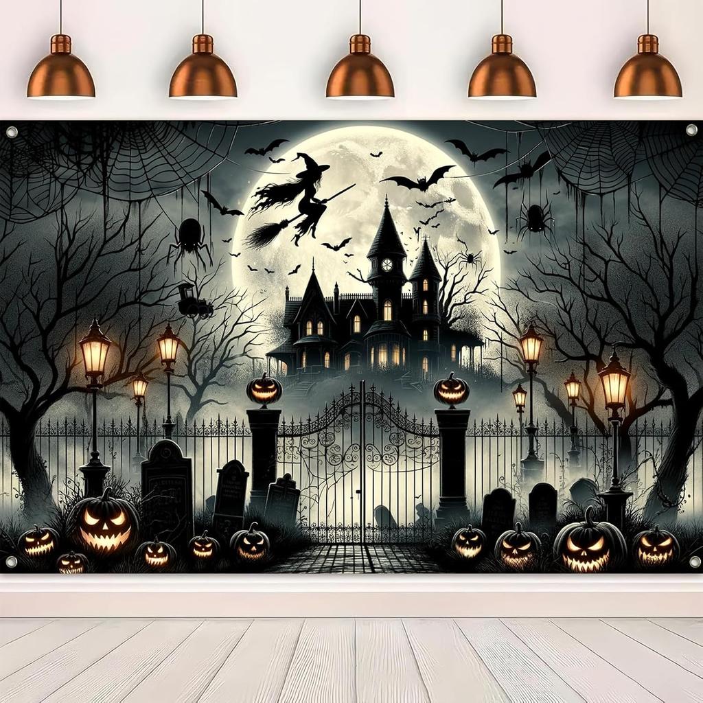 BlissYard Halloween Backdrop Haunted Mansion Witch Banner 71 x 43 Inch