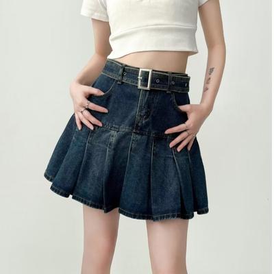 Однотонная джинсовая плиссированная юбка для женщин, летняя мода, короткая джинсовая юбка трапециевидной формы, винтажная одежда в корейском стиле, женская уличная одежда Y2k